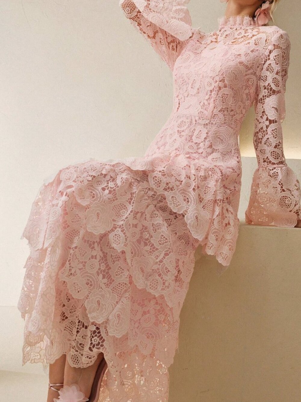 Pink Elegant Women's Ruched Hem Waist Cinching Layered Long Sleeve Dress